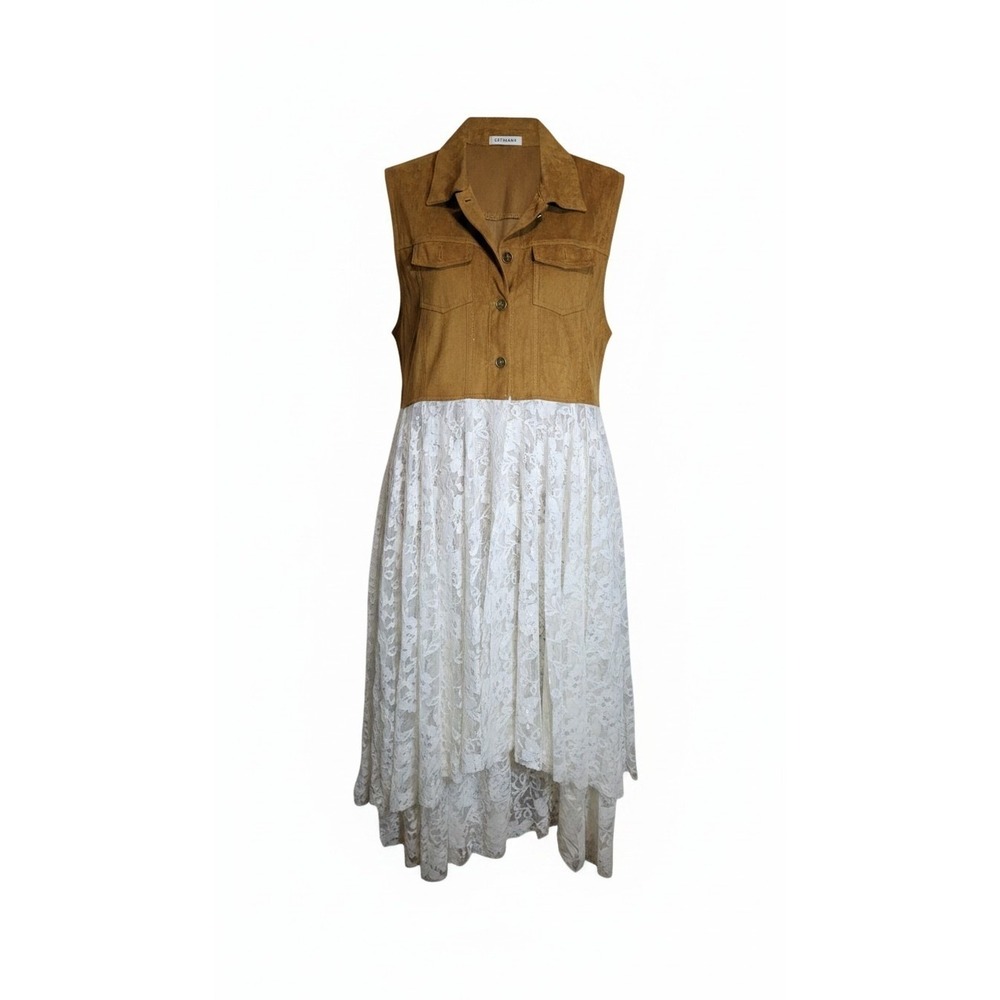 Origami by Vivien Tan Faux Suede and White Lace Mixed Media High Low Dress Plus